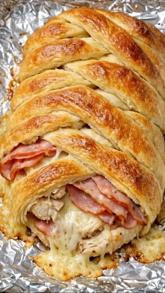 Cheesy Chicken Cordon Bleu Crescent Braid served on a plate