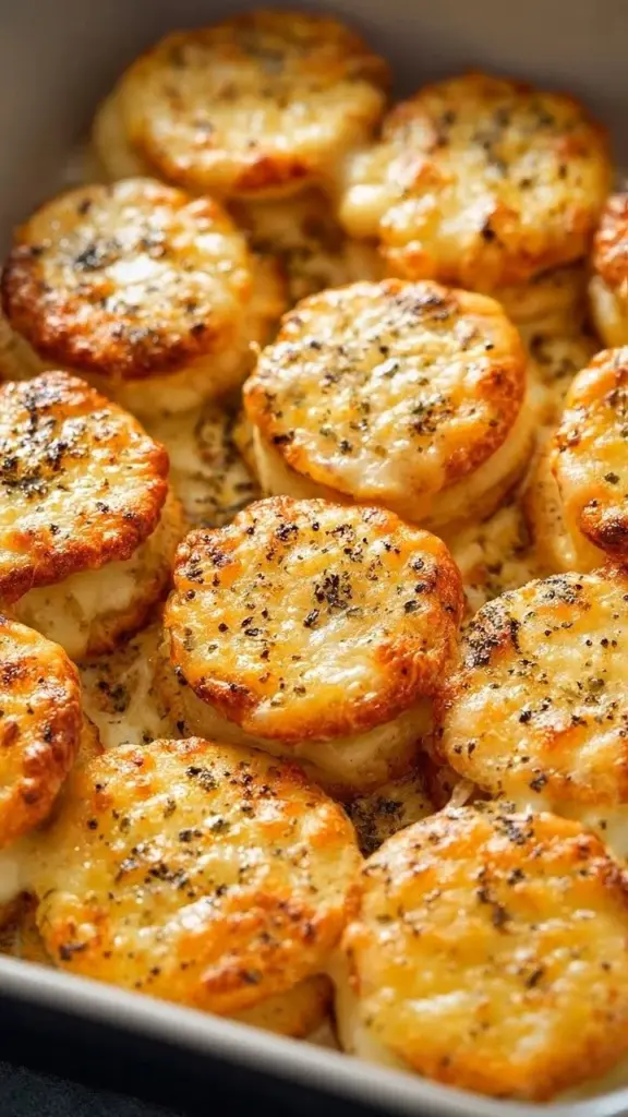 Delicious Cheesy Garlic Potato Stacks served on a plate.