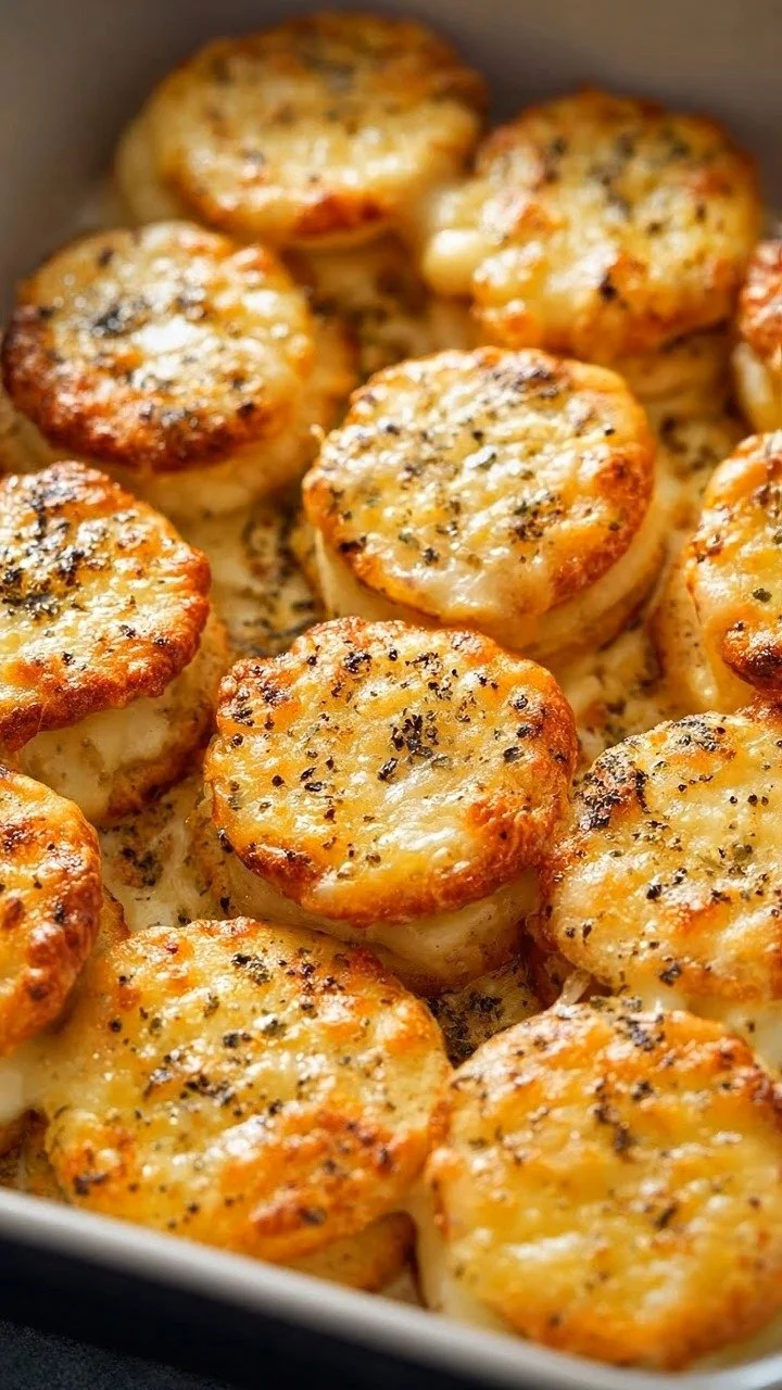 Delicious Cheesy Garlic Potato Stacks served on a plate.