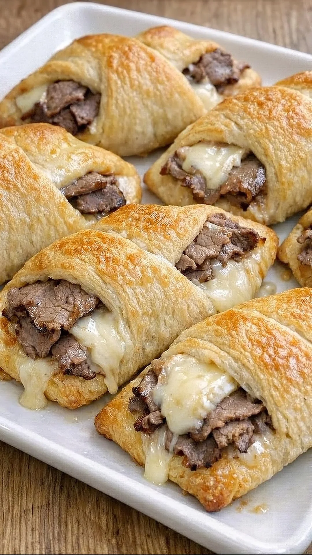 Cheesy garlic steak crescent rolls on a plate, garnished with herbs