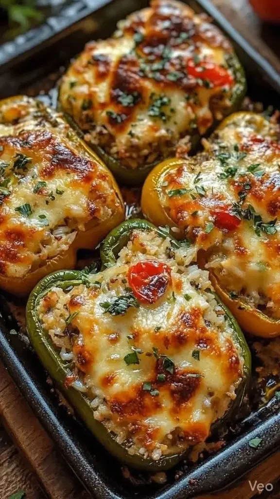 Cheesy garlic stuffed bell peppers filled with savory ingredients on a plate