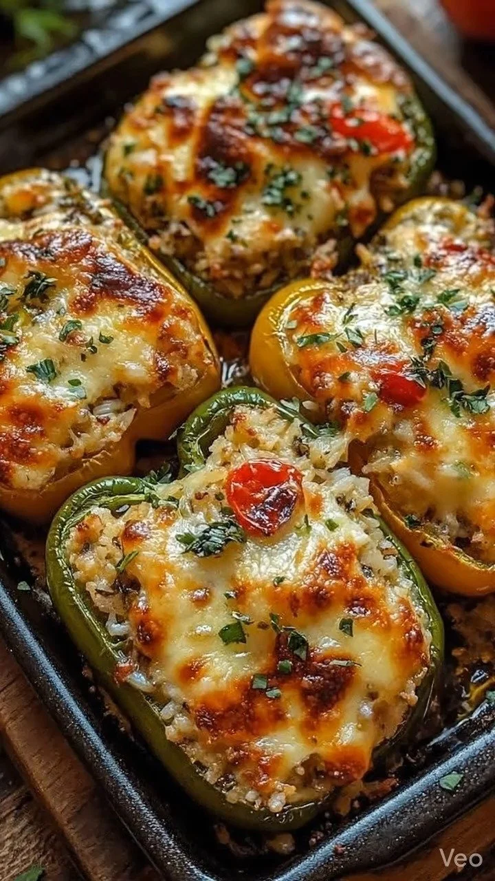 Cheesy garlic stuffed bell peppers filled with savory ingredients on a plate