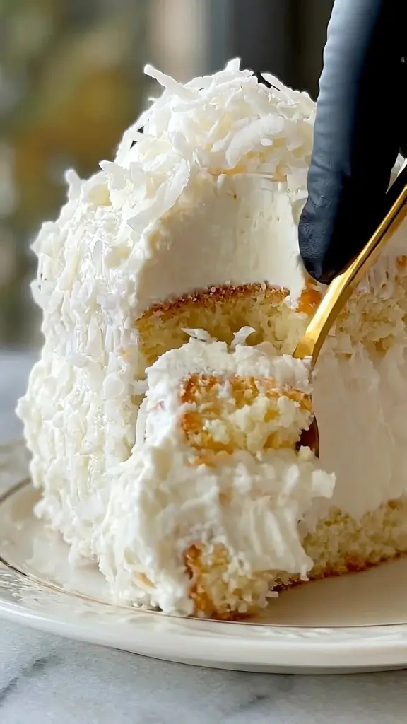 Slice of Coconut Cloud Cake topped with coconut flakes and whipped cream
