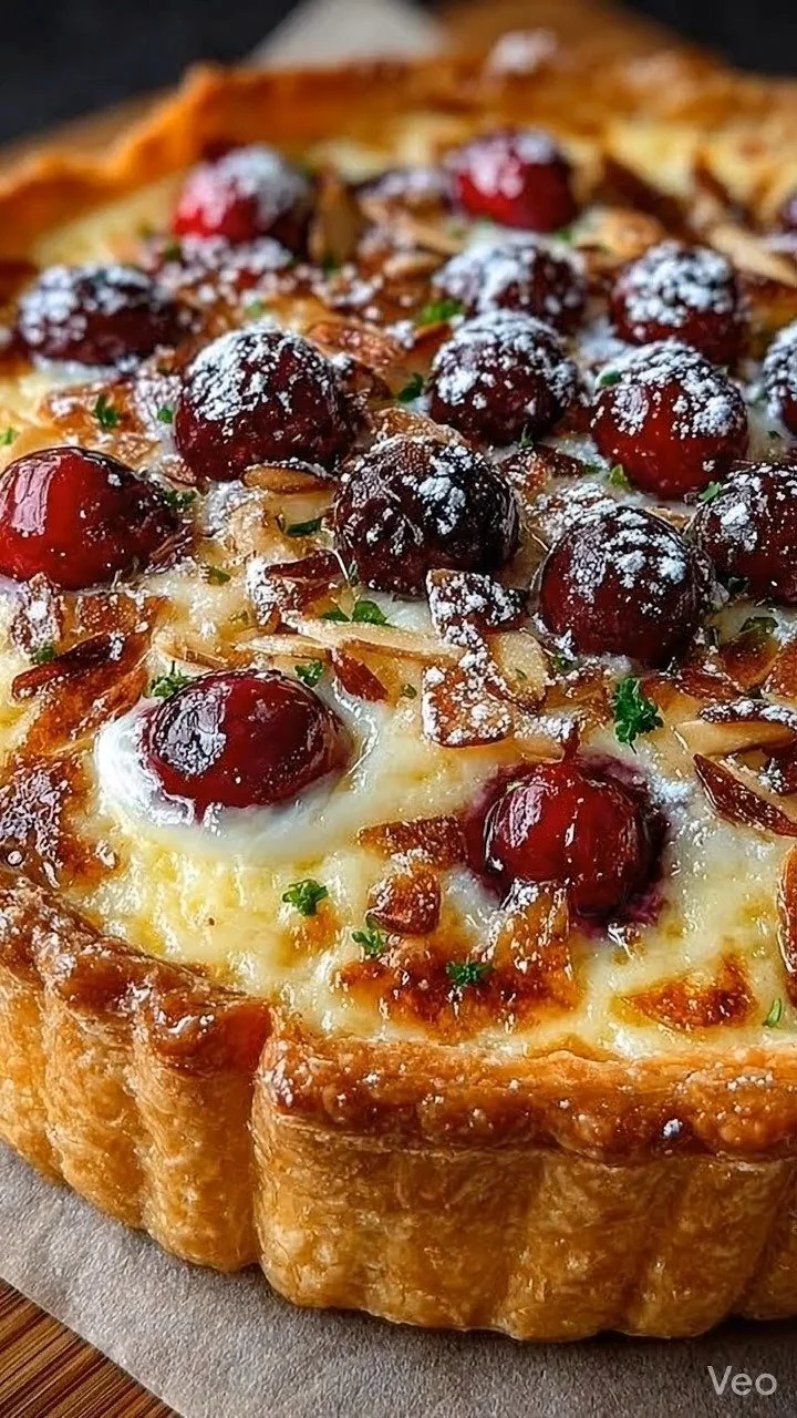 Cranberry Almond Ricotta Tart with fresh cranberries and almond slices