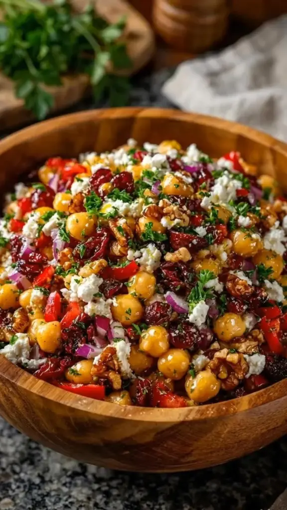 Cranberry Walnut Chickpea Salad with Feta served in a bowl, garnished with herbs.