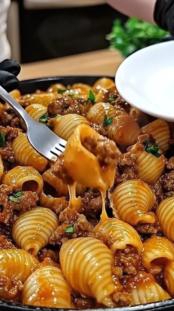 Creamy beef shell pasta skillet dish topped with herbs and served in a skillet