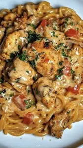 Delicious creamy Cajun chicken pasta served in a bowl garnished with herbs.
