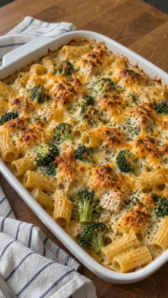Creamy Chicken Broccoli Rigatoni Bake dish with melted cheese and broccoli