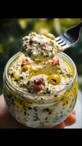 Creamy green olive dip served in a bowl with olives and pita bread