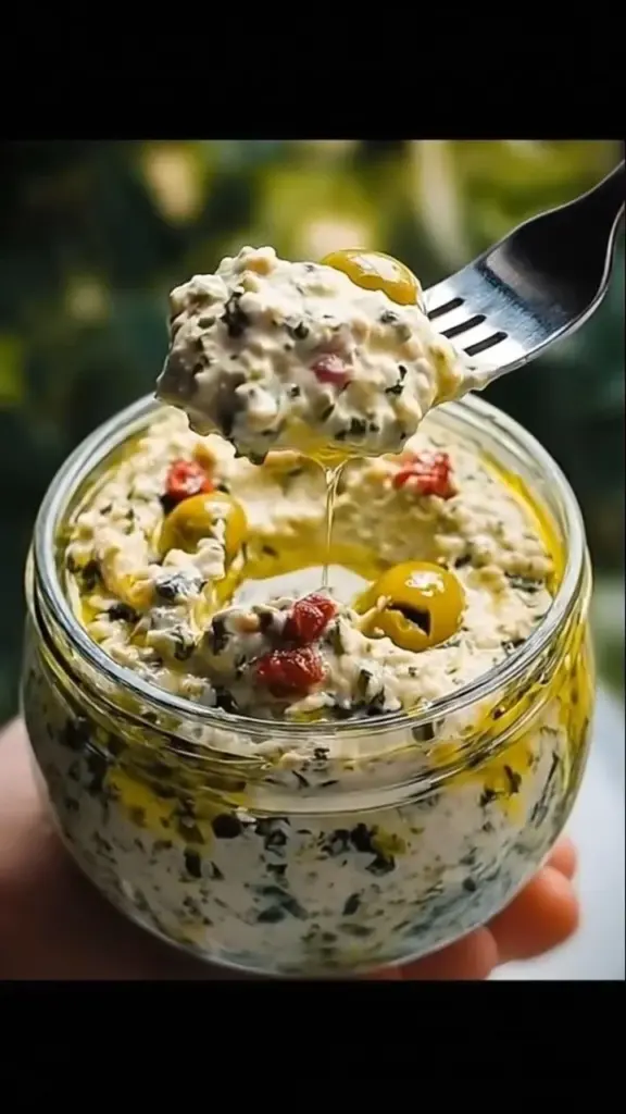 Creamy green olive dip served in a bowl with olives and pita bread