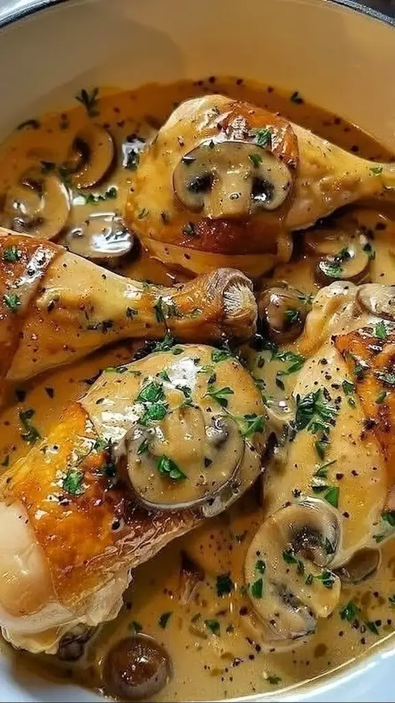 Creamy mushroom chicken drumsticks served with herbs and spices