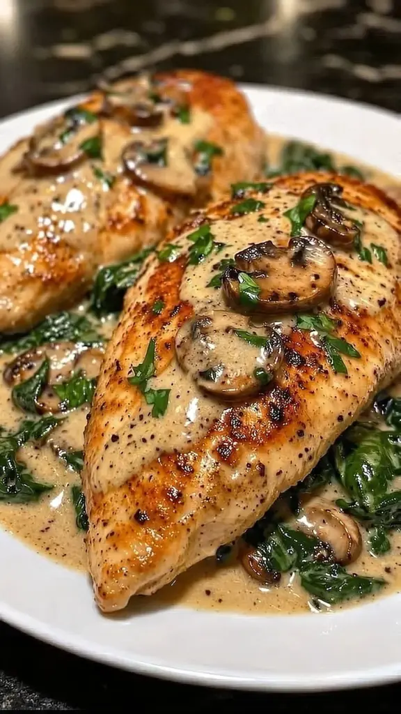 Creamy mushroom spinach chicken dish served on a plate with herbs garnishing.