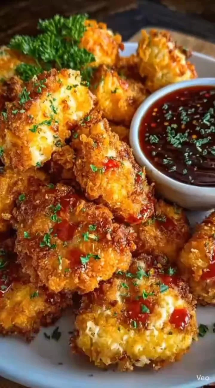 Crispy chicken bites served with dipping sauces on a plate