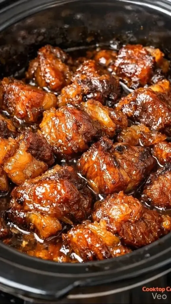 Crockpot BBQ pork belly burnt ends served on a platter with sauce.