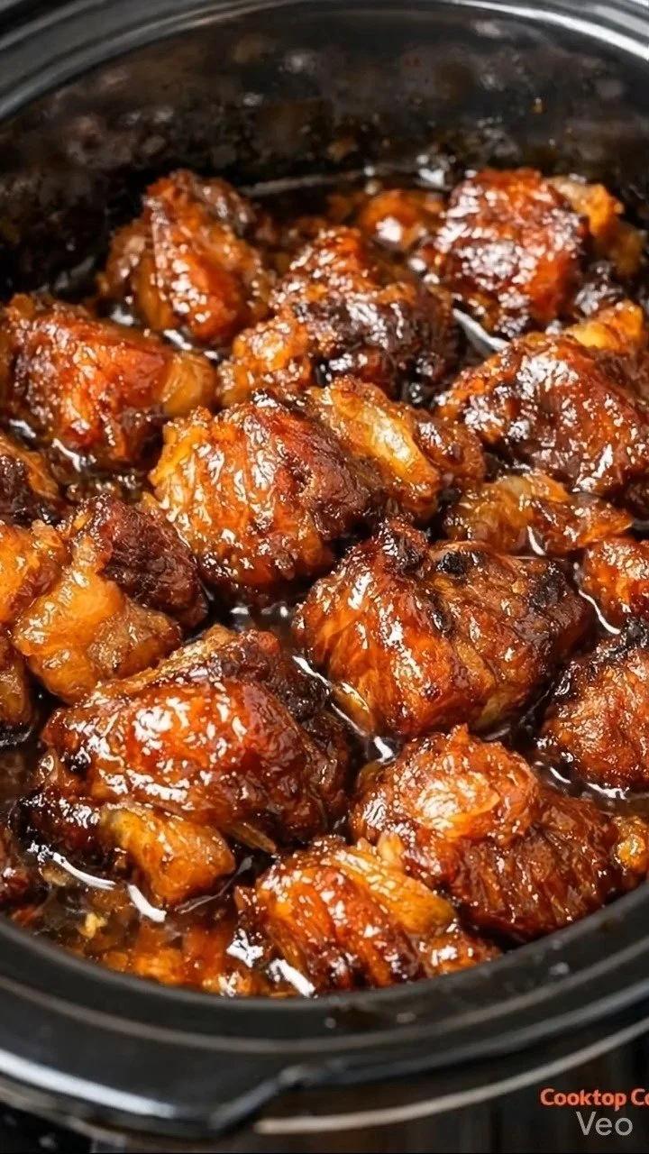 Crockpot BBQ pork belly burnt ends served on a platter with sauce.