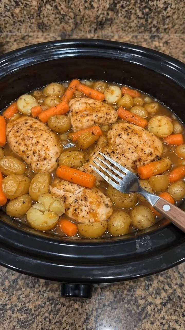 Crockpot Honey Ranch Chicken served with baby carrots and buttery potatoes