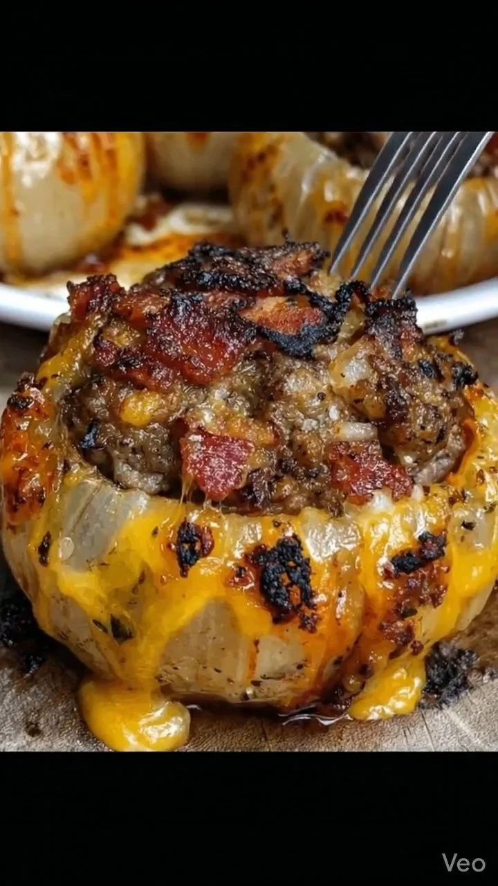 Firecracker bacon cheddar stuffed onion bombs on a serving platter