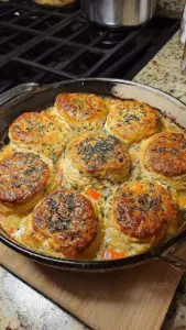 Delicious Garlic Butter Biscuit Chicken Pot Pie fresh out of the oven