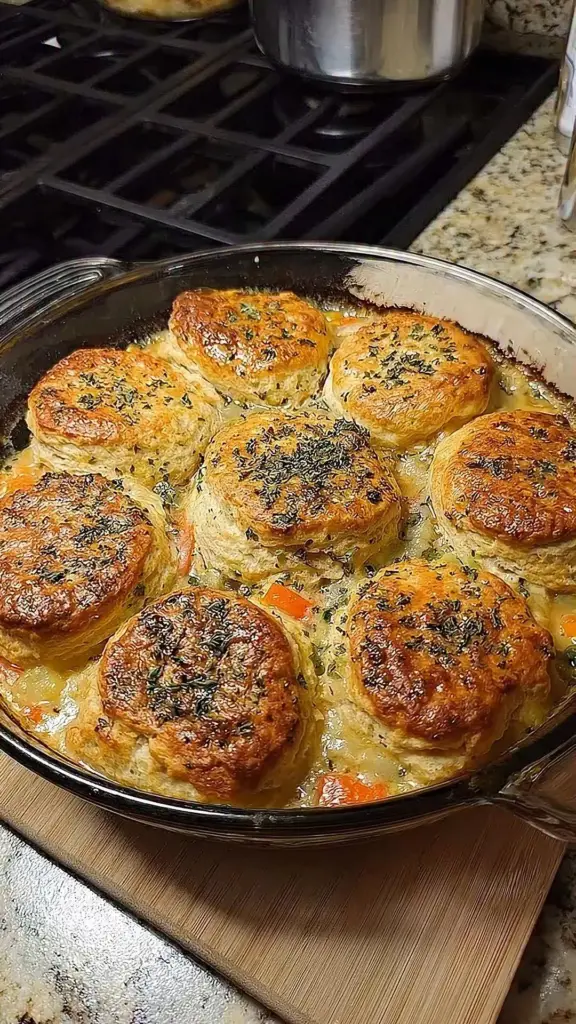 Delicious Garlic Butter Biscuit Chicken Pot Pie fresh out of the oven