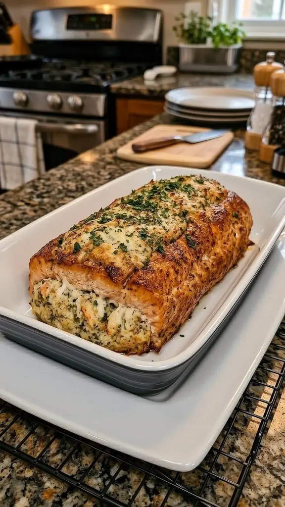 Garlic Parmesan crabcake stuffed salmon with herbs and lemon garnish