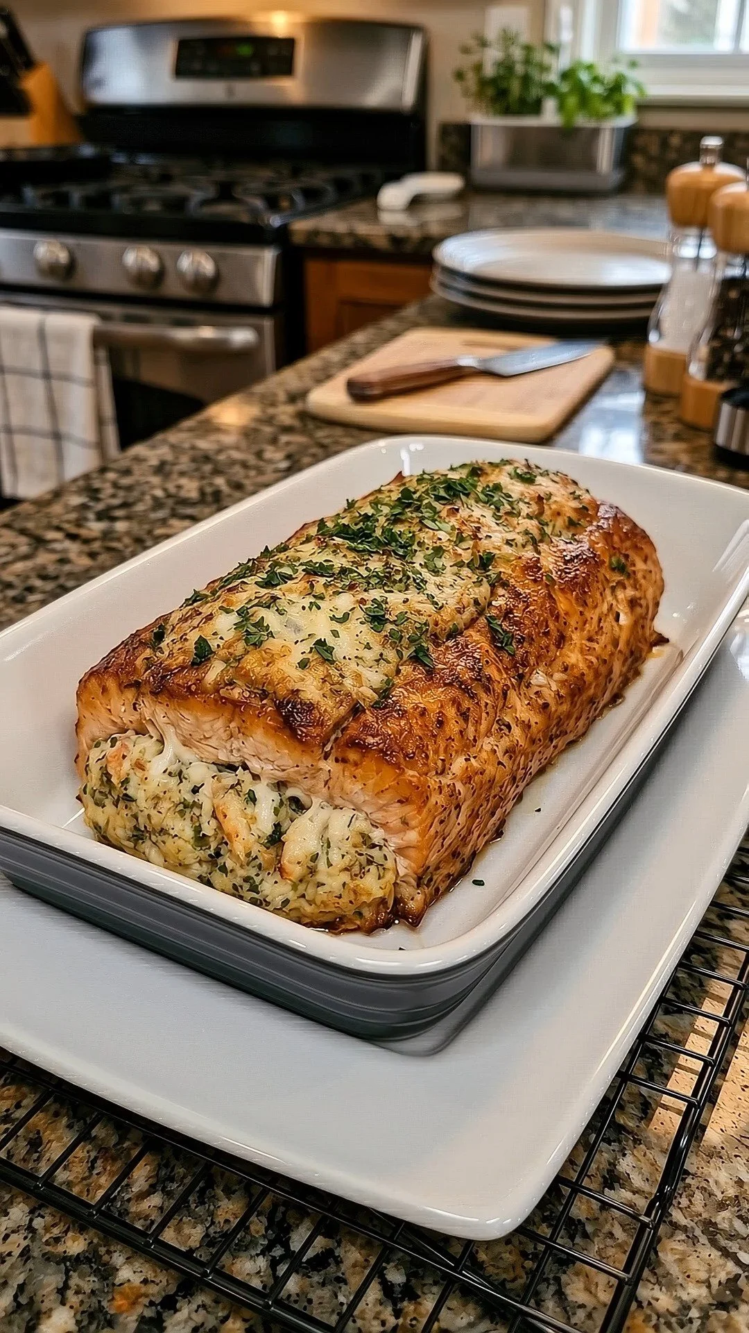 Garlic Parmesan crabcake stuffed salmon with herbs and lemon garnish