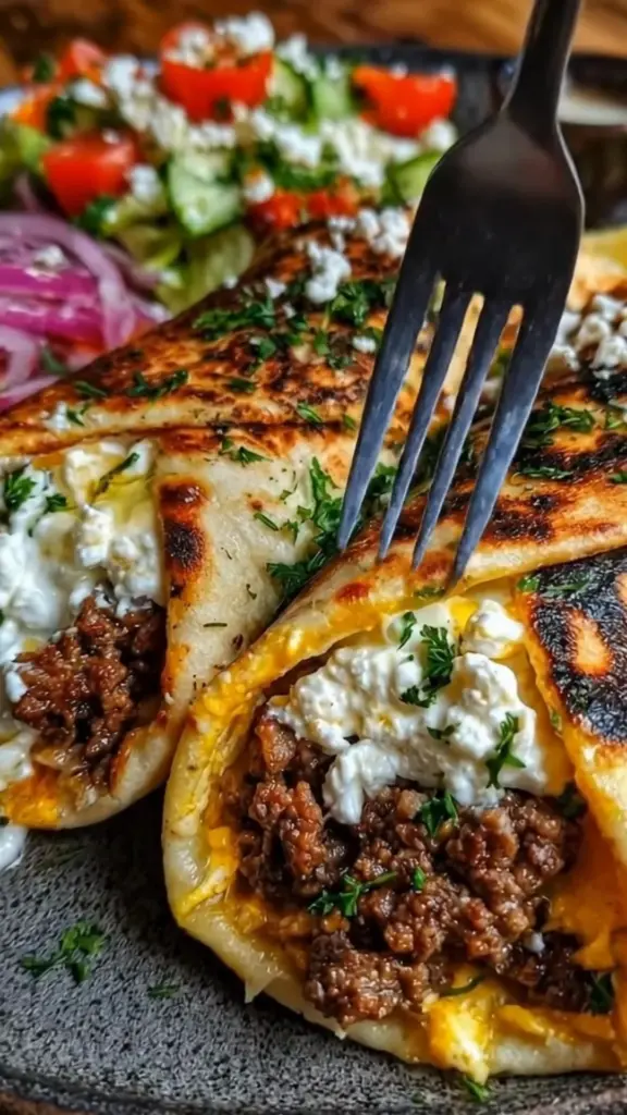 Greek beef wraps drizzled with creamy feta dill sauce on a plate.