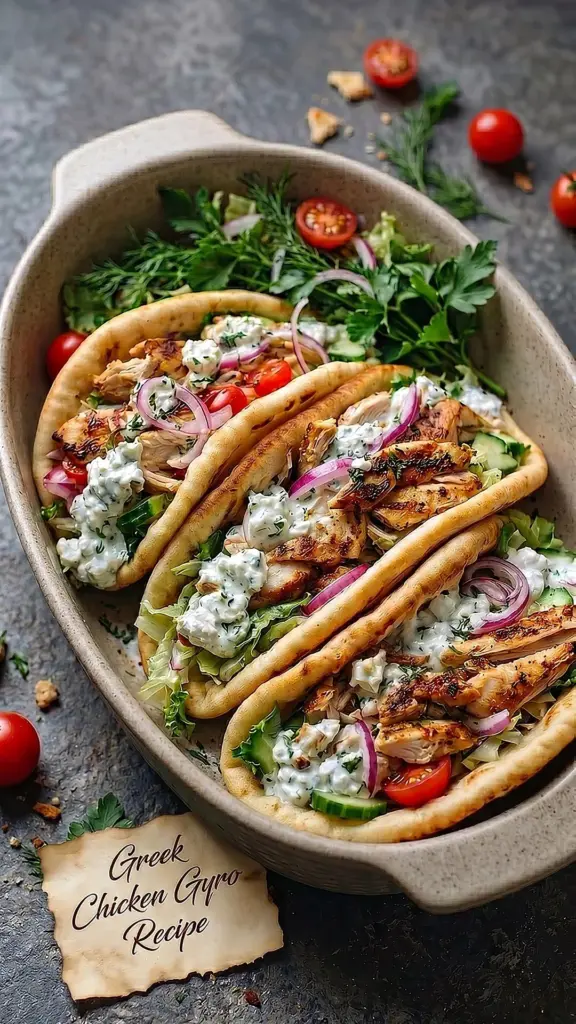 Delicious Greek Chicken Gyro wrapped in pita with fresh vegetables and sauce