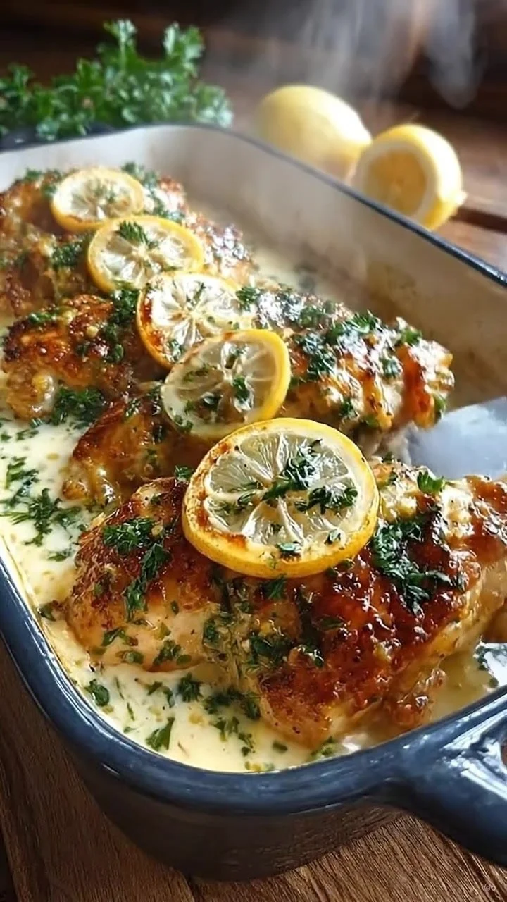 Plate of Greek-Style Lemon Chicken garnished with herbs and lemon slices