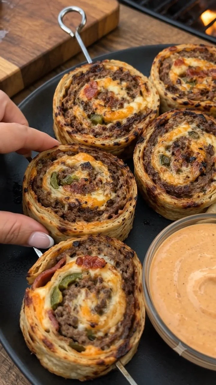 Grilled jalapeño turkey bacon pinwheels with chipotle crema on a platter