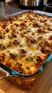 Homemade ground beef casserole served in a dish with melty cheese on top