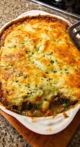 Delicious ground beef pot pie casserole fresh from the oven