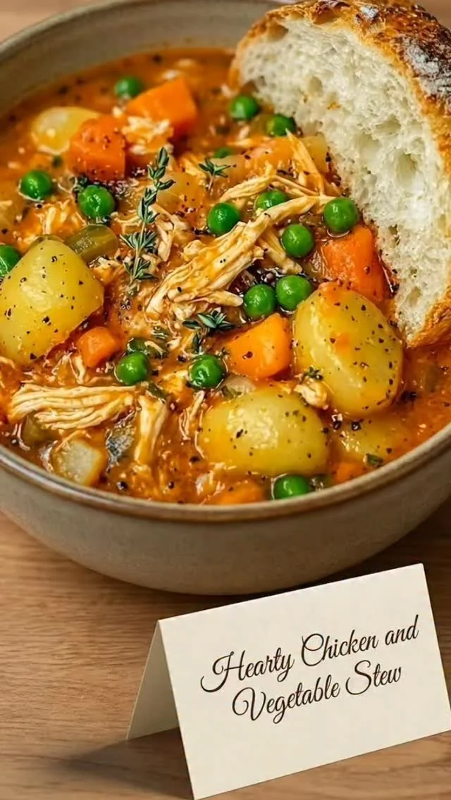 A bowl of hearty chicken and vegetable stew with fresh ingredients