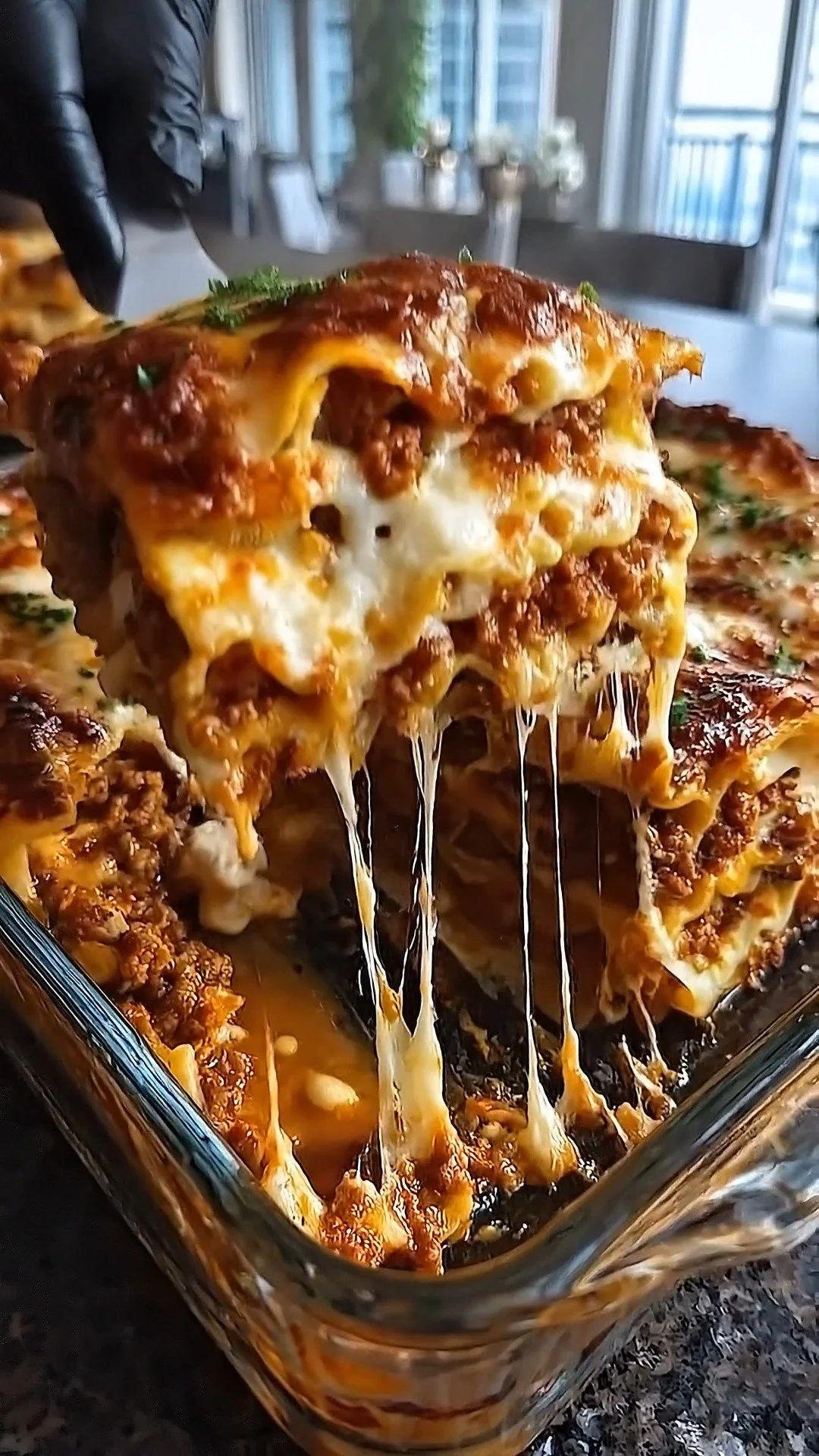 Delicious homemade lasagna with layers of pasta, cheese, and sauce fresh from the oven.