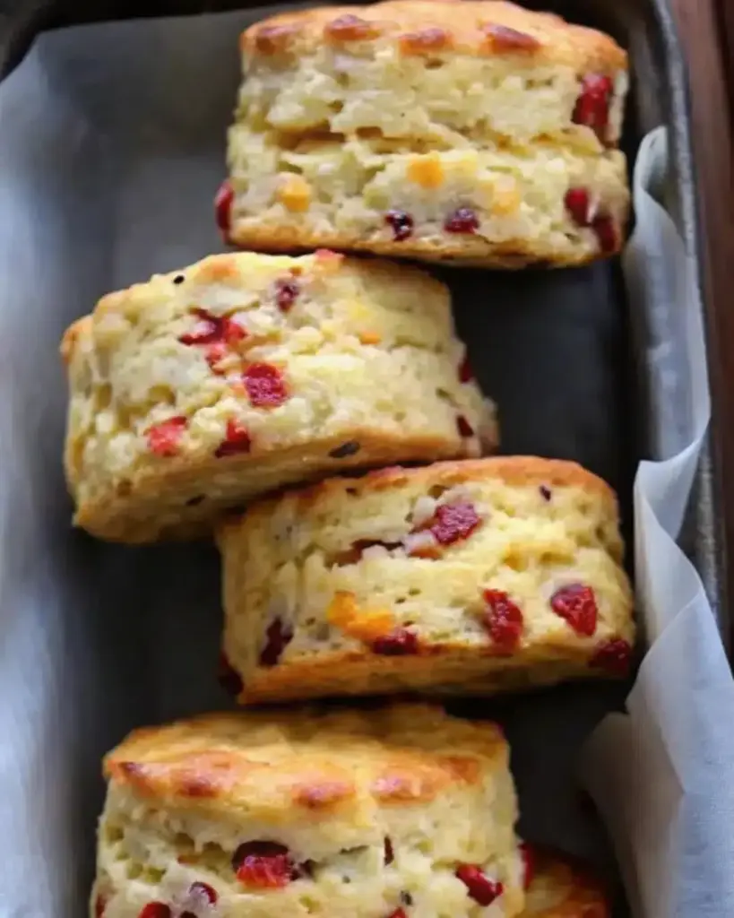 Freshly baked cranberry orange scones on a wooden table