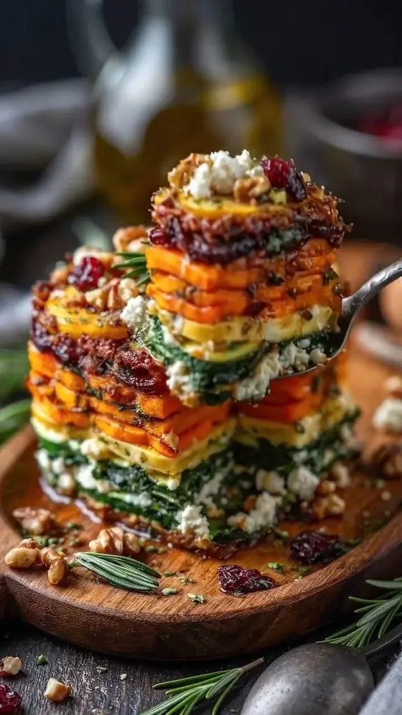 Layered vegetable lasagna with sweet potato, butternut squash, and feta cheese.