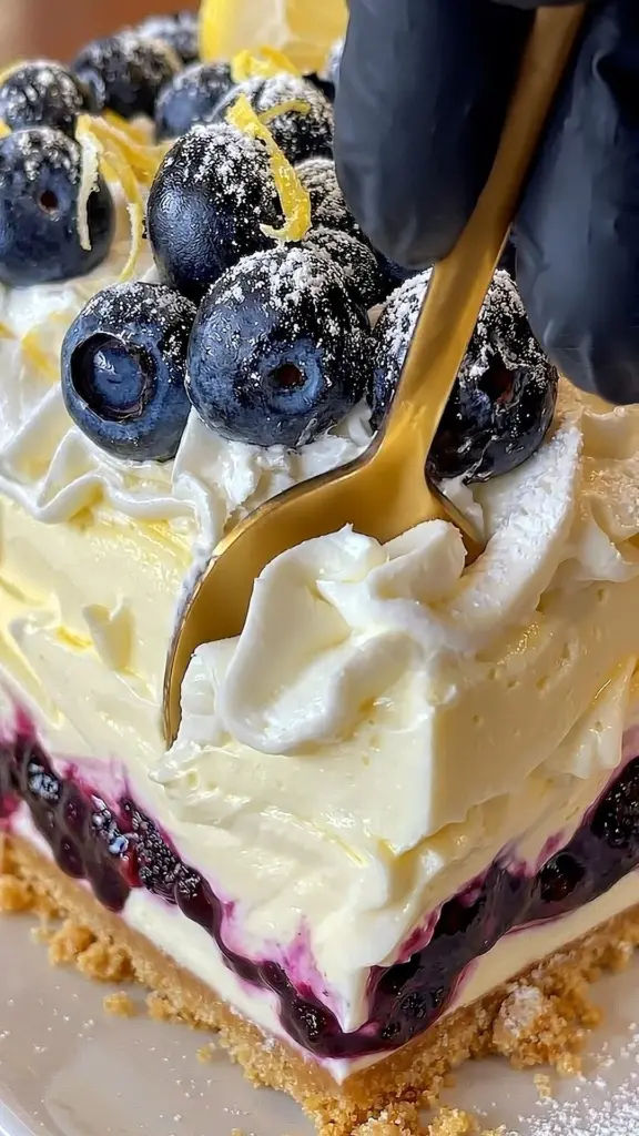 Lemon blueberry layered cake with fresh blueberries and lemon frosting