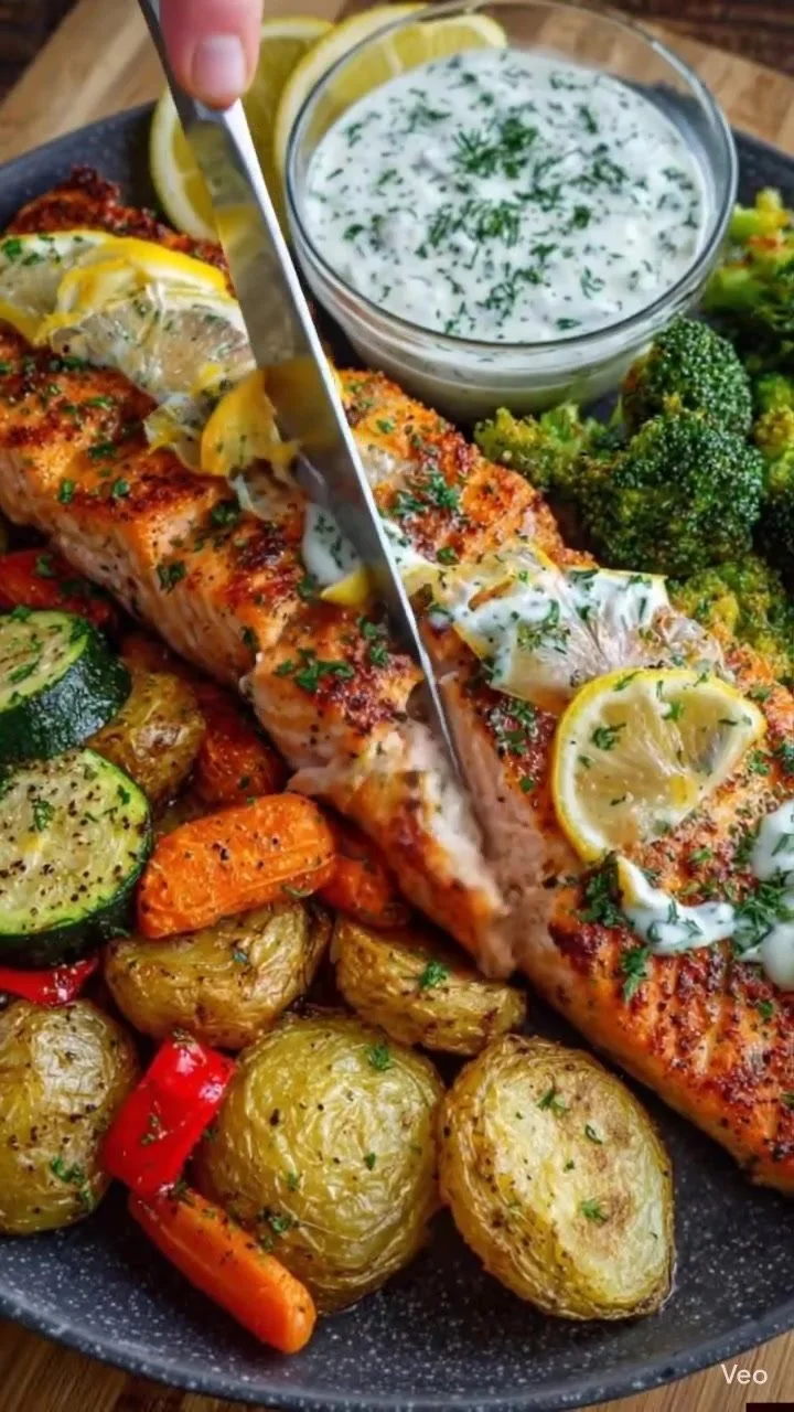 Delicious Lemon Herb Salmon Plate garnished with fresh herbs and lemon slices.