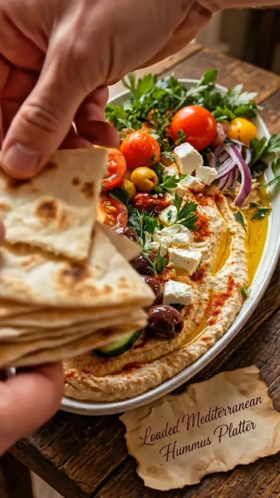 Delicious loaded Mediterranean hummus platter with fresh veggies and pita