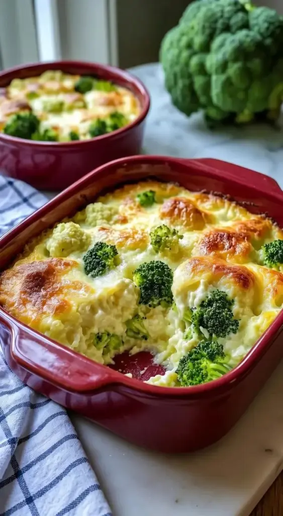 Low-calorie broccoli cauliflower bake with cottage cheese in a dish