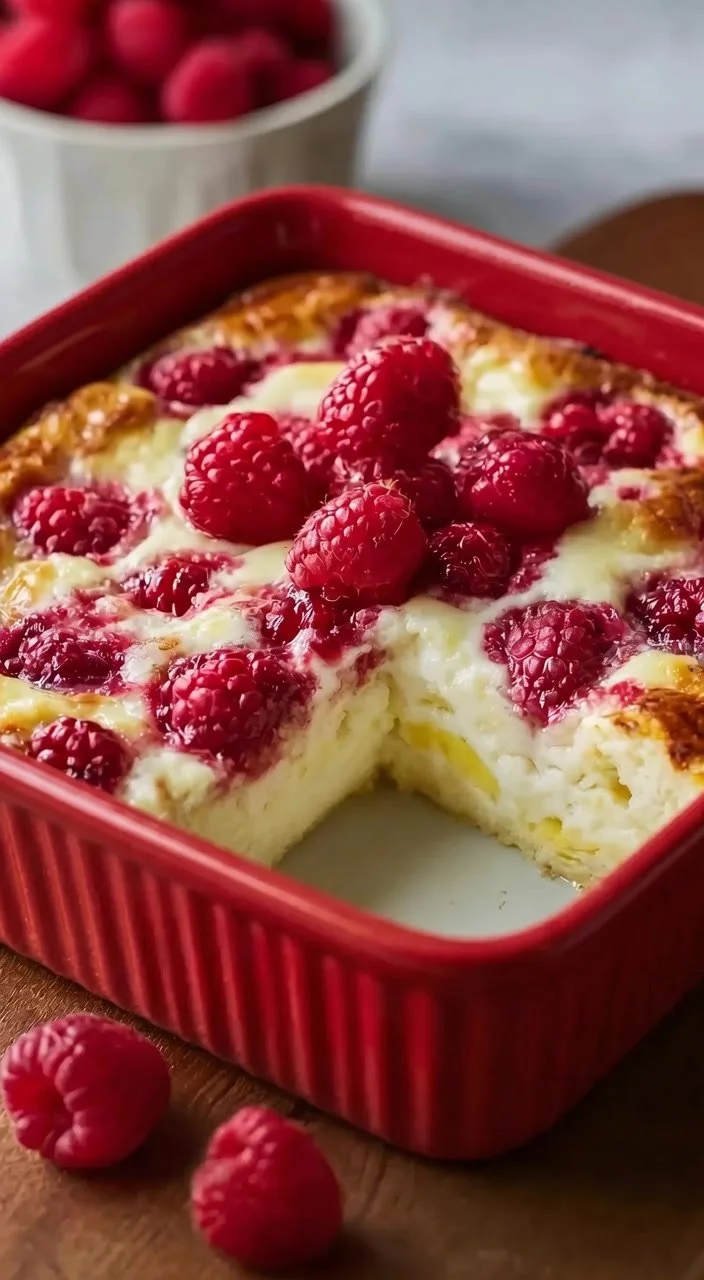 Low-calorie lemon raspberry cottage cheese bake served in a dish