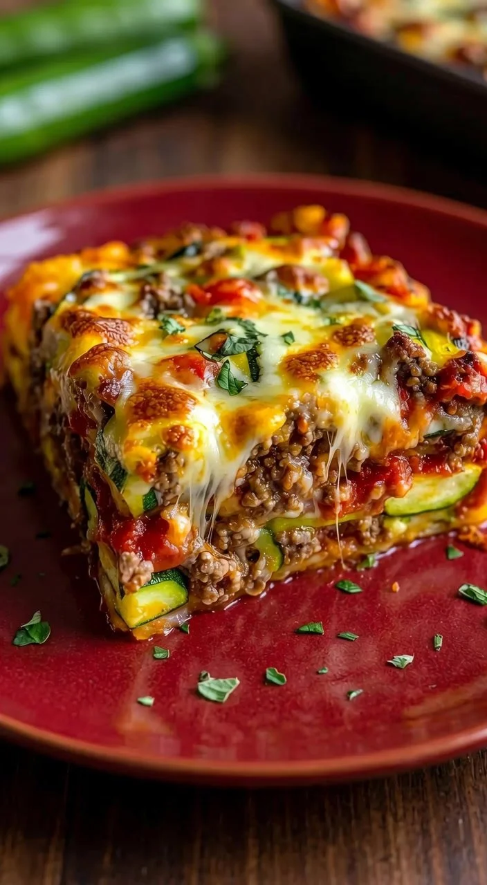 Low-calorie zucchini pizza casserole with cheese and herbs