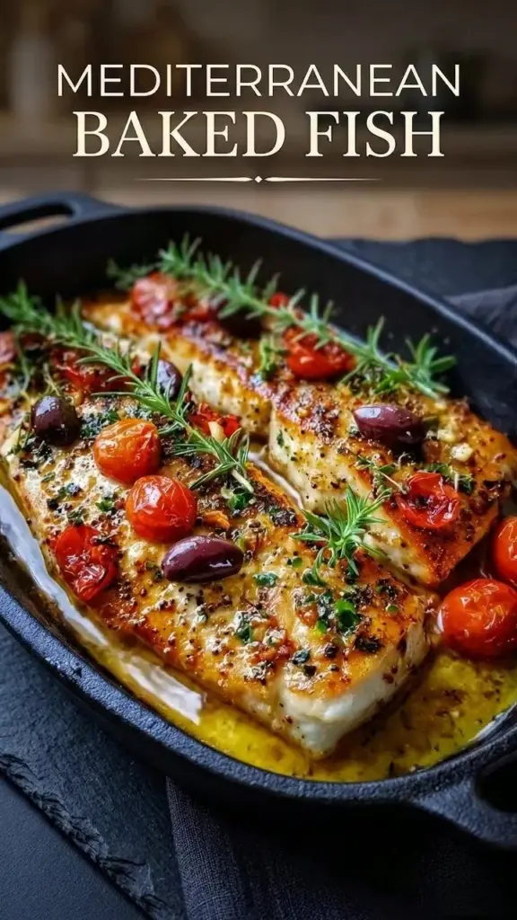 Mediterranean baked fish with herbs and lemon on a plate