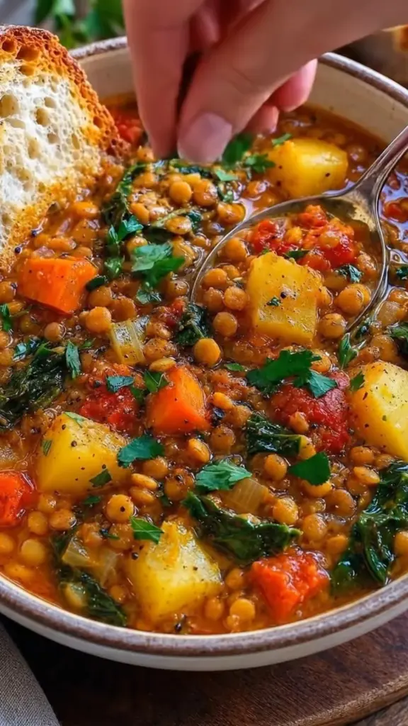 Bowl of Mediterranean Lentil Soup garnished with fresh herbs and lemon