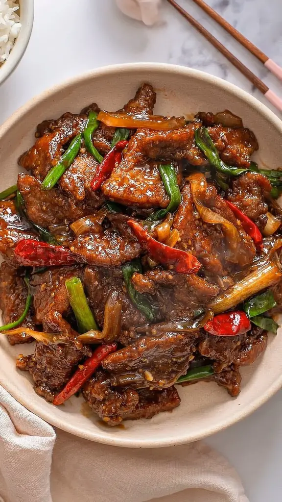 Delicious plate of Mongolian Beef with tender beef and colorful vegetables.