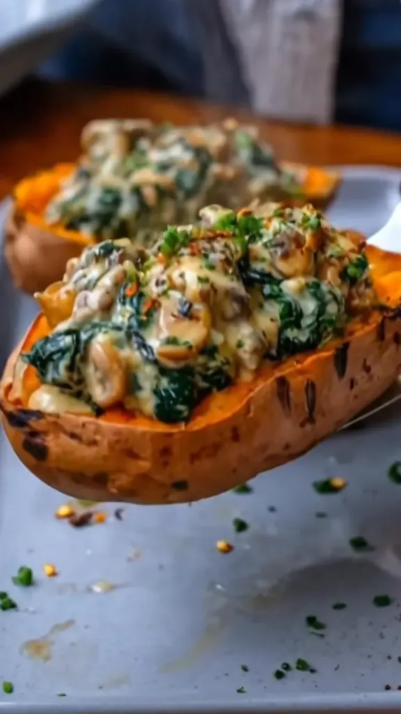 Mushroom and spinach stuffed sweet potatoes on a plate, garnished with herbs.