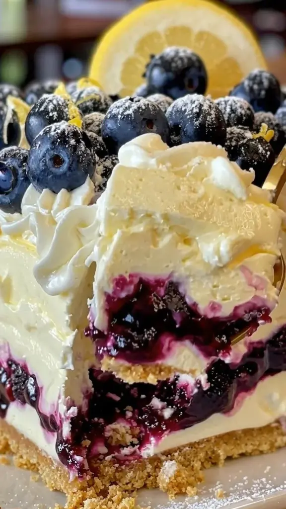 No-bake lemon blueberry cream cheese dessert with fresh berries