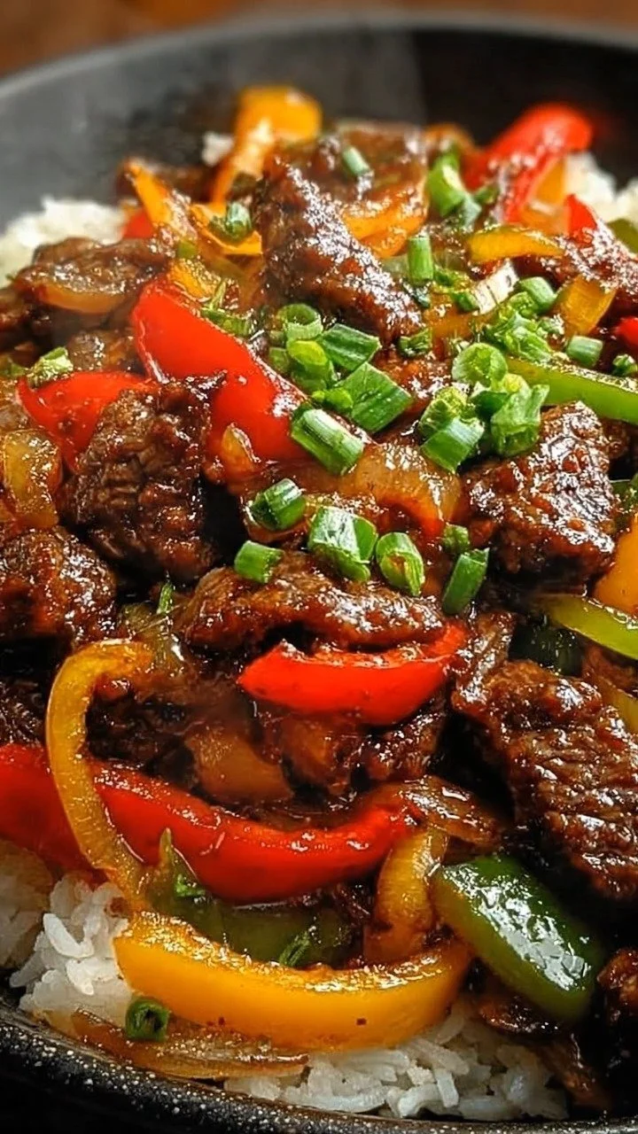 Delicious pepper beef stir-fry served in a bowl with colorful vegetables