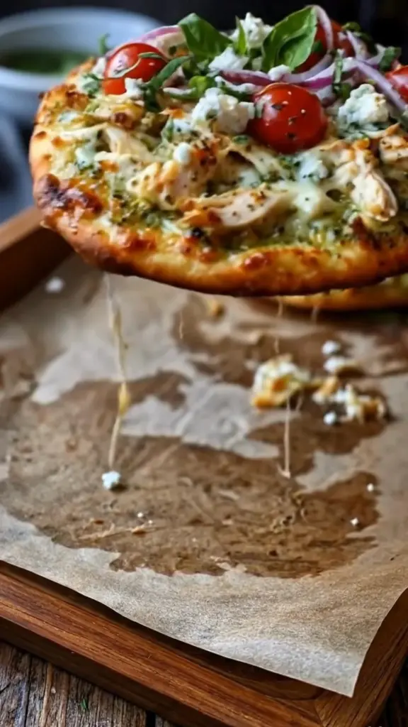 Pesto chicken flatbread pizza topped with fresh ingredients and melting cheese.