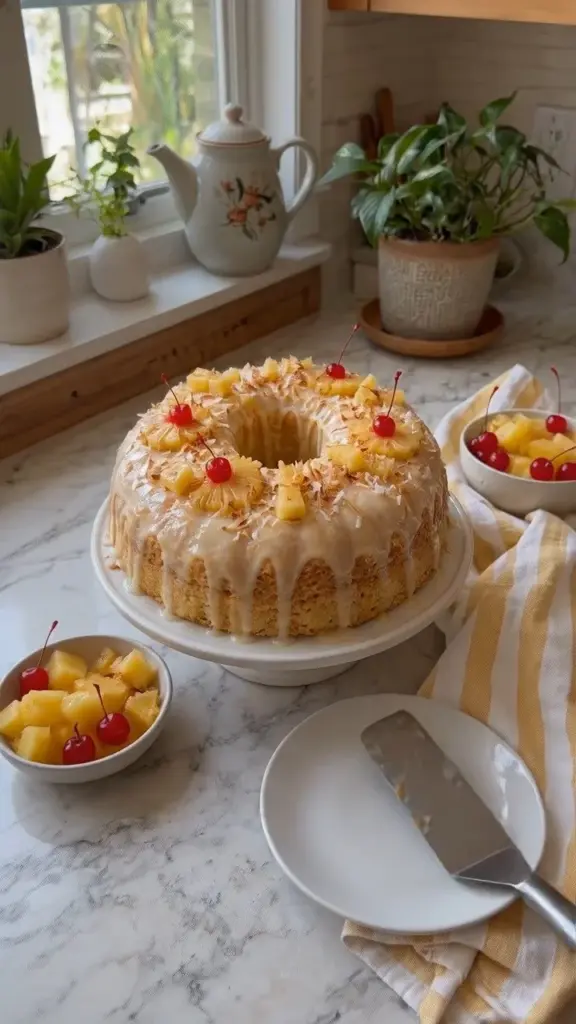 Sliced Pineapple Sour Cream Pound Cake on a plate, garnished with fresh pineapple.