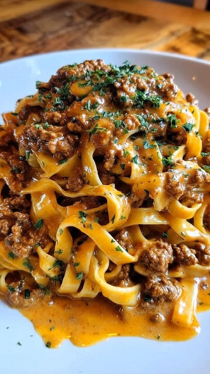Rich Bolognese Tagliatelle served in a bowl garnished with herbs.